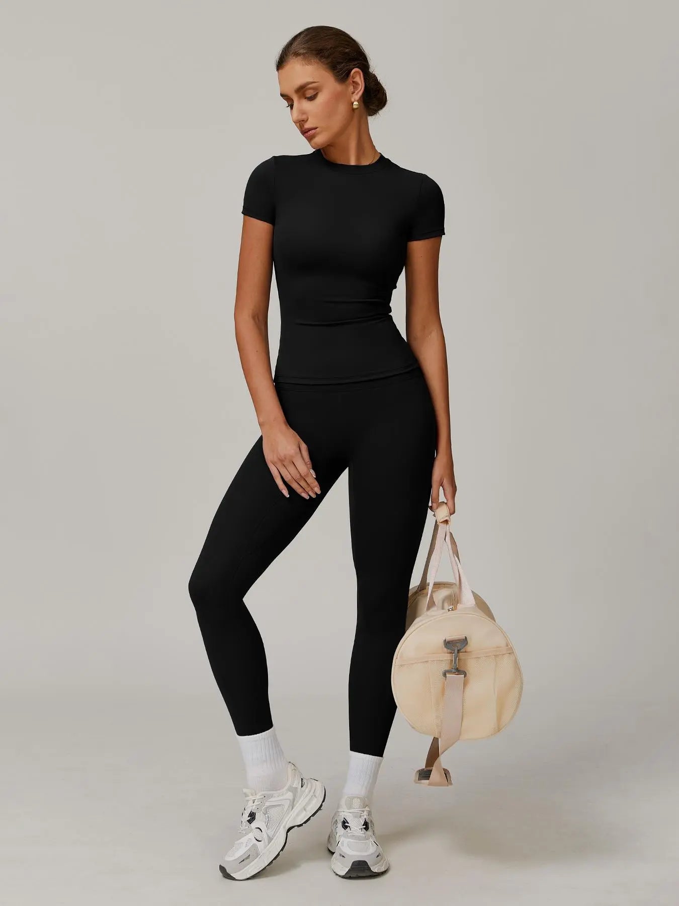 Women's Solid Color Top & High Waist Leggings Sports Set, Casual Comfy Breathable Two-piece Sports…