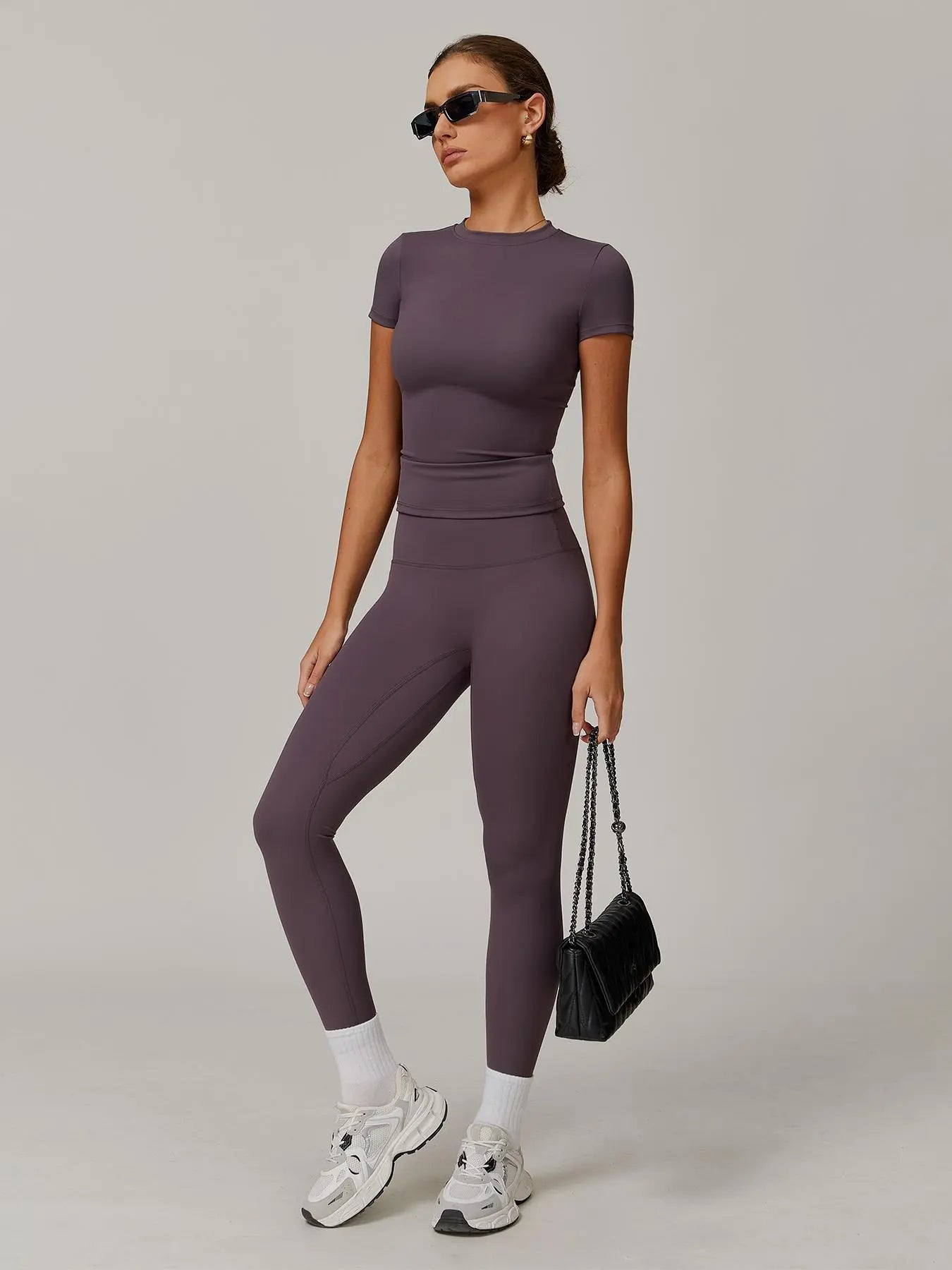 Women's Solid Color Top & High Waist Leggings Sports Set, Casual Comfy Breathable Two-piece Sports…