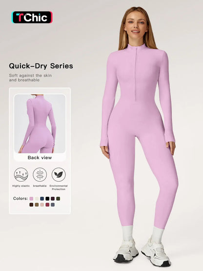 Women's Solid Zip-up Skiing Jumpsuit - Sporty Activewear