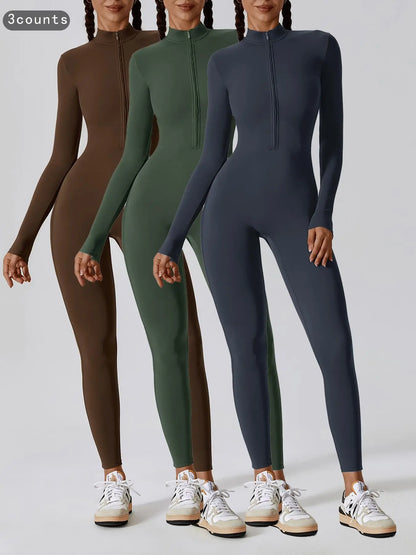 Women's Solid Zip Up Long Sleeve Sports Jumpsuit