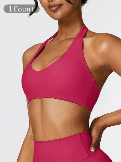 Women's Solid Wireless Halter Sports Bra, Breathable Comfortable High Stretch Sports Bra