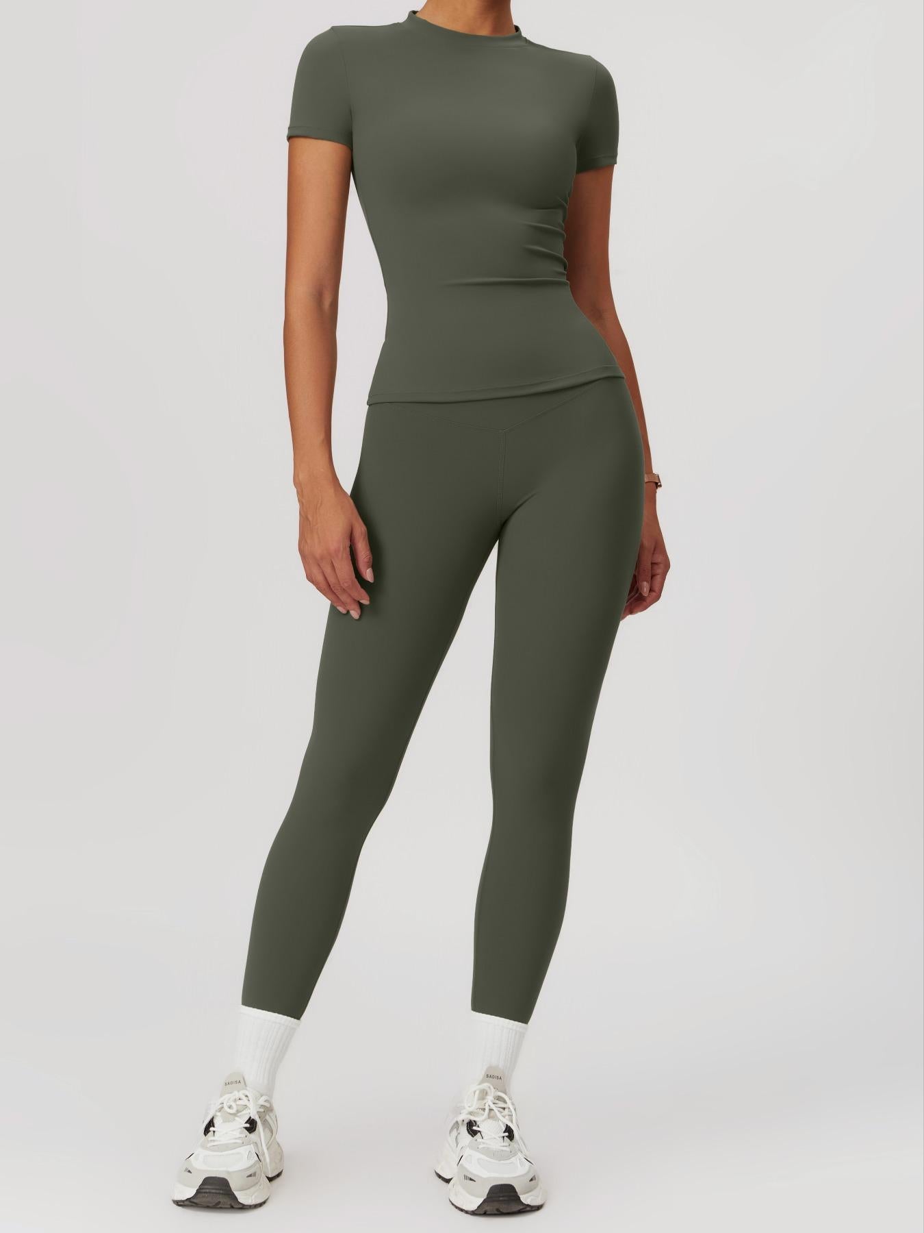 Women's Plain Round Neck Crop Tee & High Waist Leggings Tracksuit Set, Athleisure Workout Set - image 17