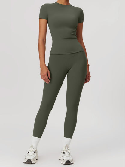 Women's Plain Round Neck Crop Tee & High Waist Leggings Tracksuit Set, Athleisure Workout Set - image 17