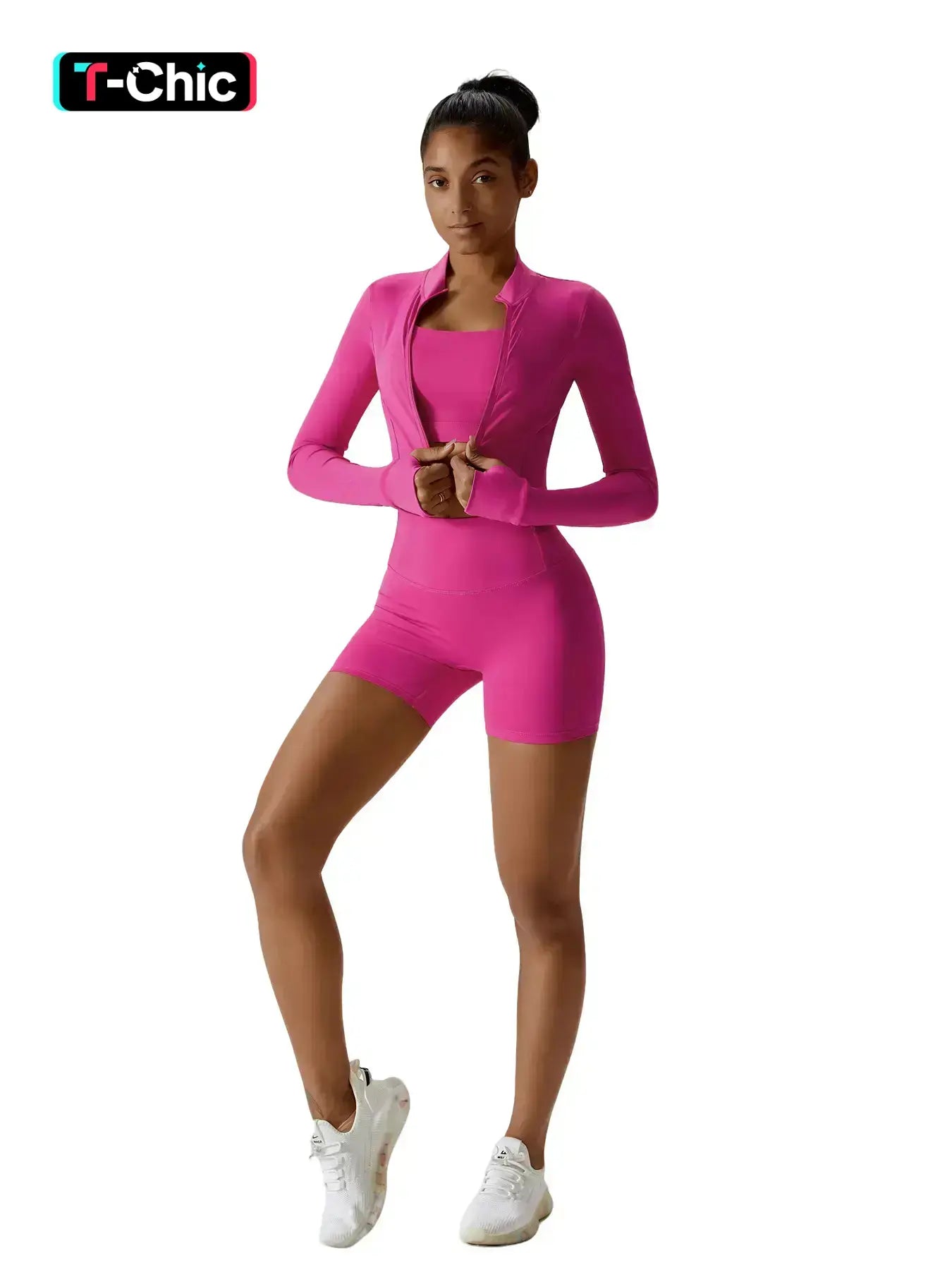 Women's Solid Criss Cross Bra & Funnel Neck Top & Shorts Three-pieces Set, Sportswear Set for Yoga…