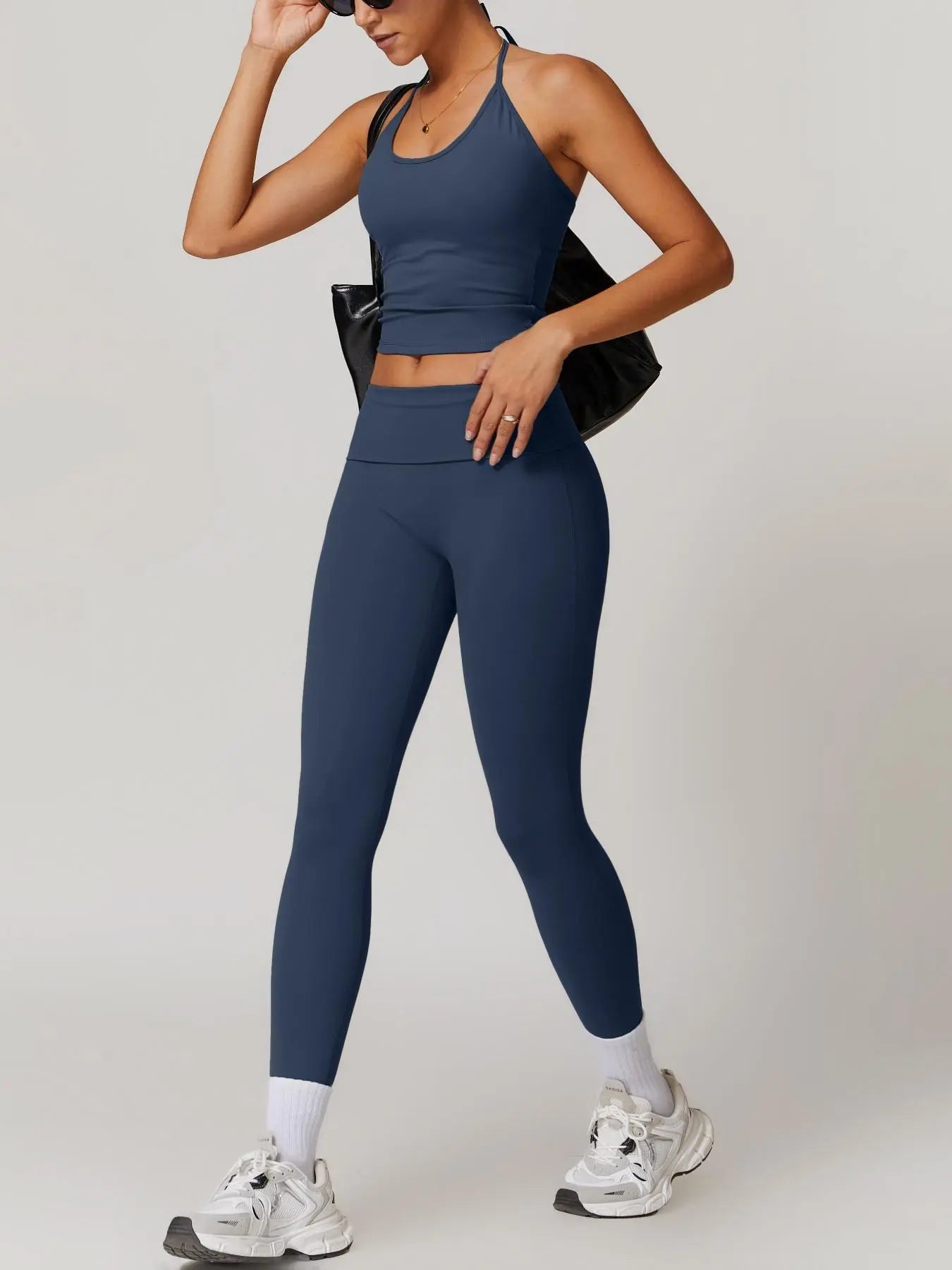 Two-Piece Set Women's Solid Backless Halter Crop Top & Fold Over Waist Leggings Tracksuit Set, Casual…