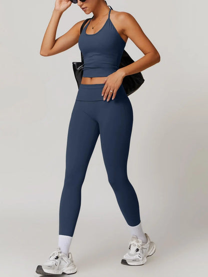 Two-Piece Set Women's Solid Backless Halter Crop Top & Fold Over Waist Leggings Tracksuit Set, Casual…