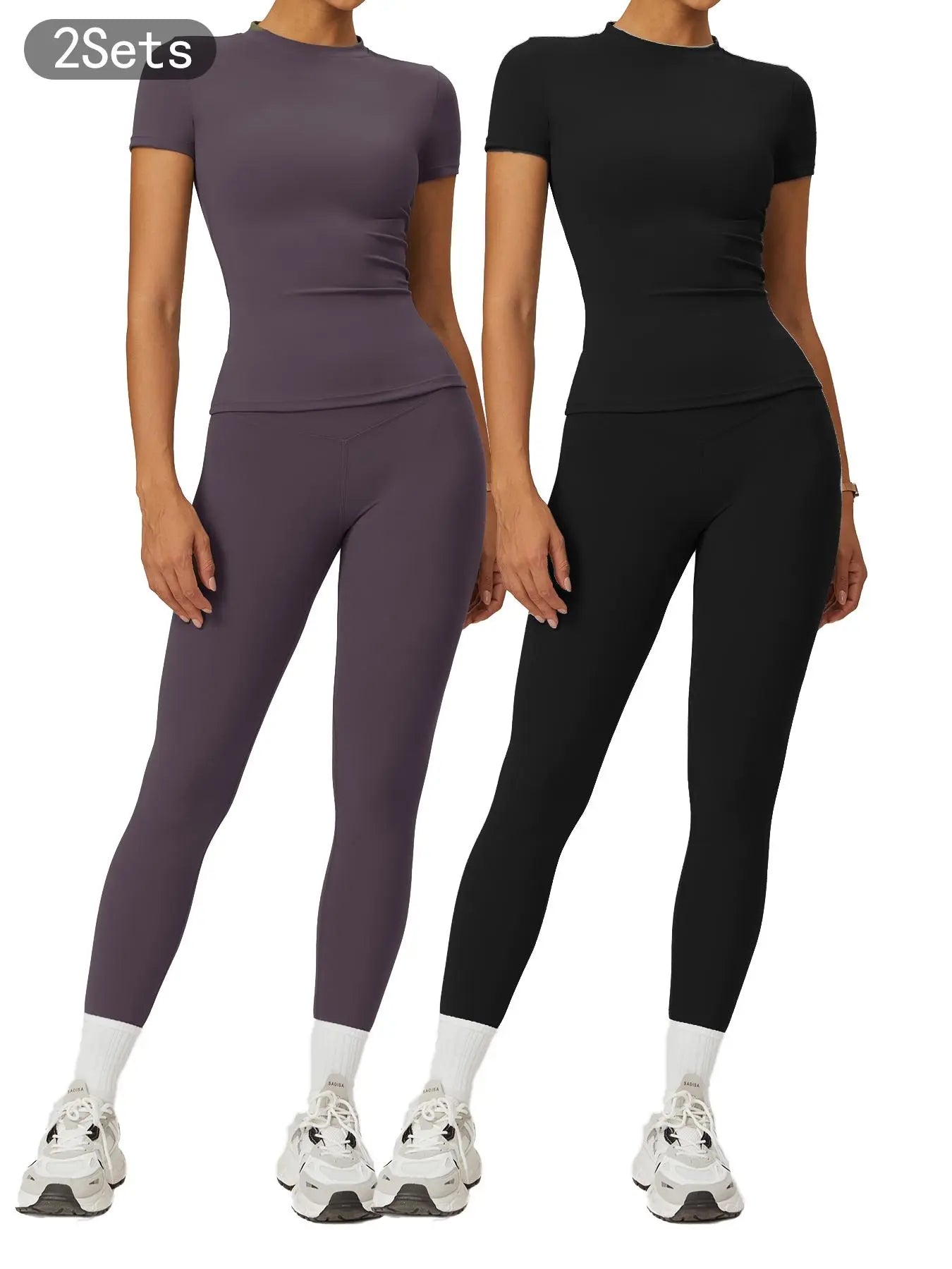 Women's Plain Round Neck Crop Tee & High Waist Leggings Tracksuit Set, Athleisure Workout Set