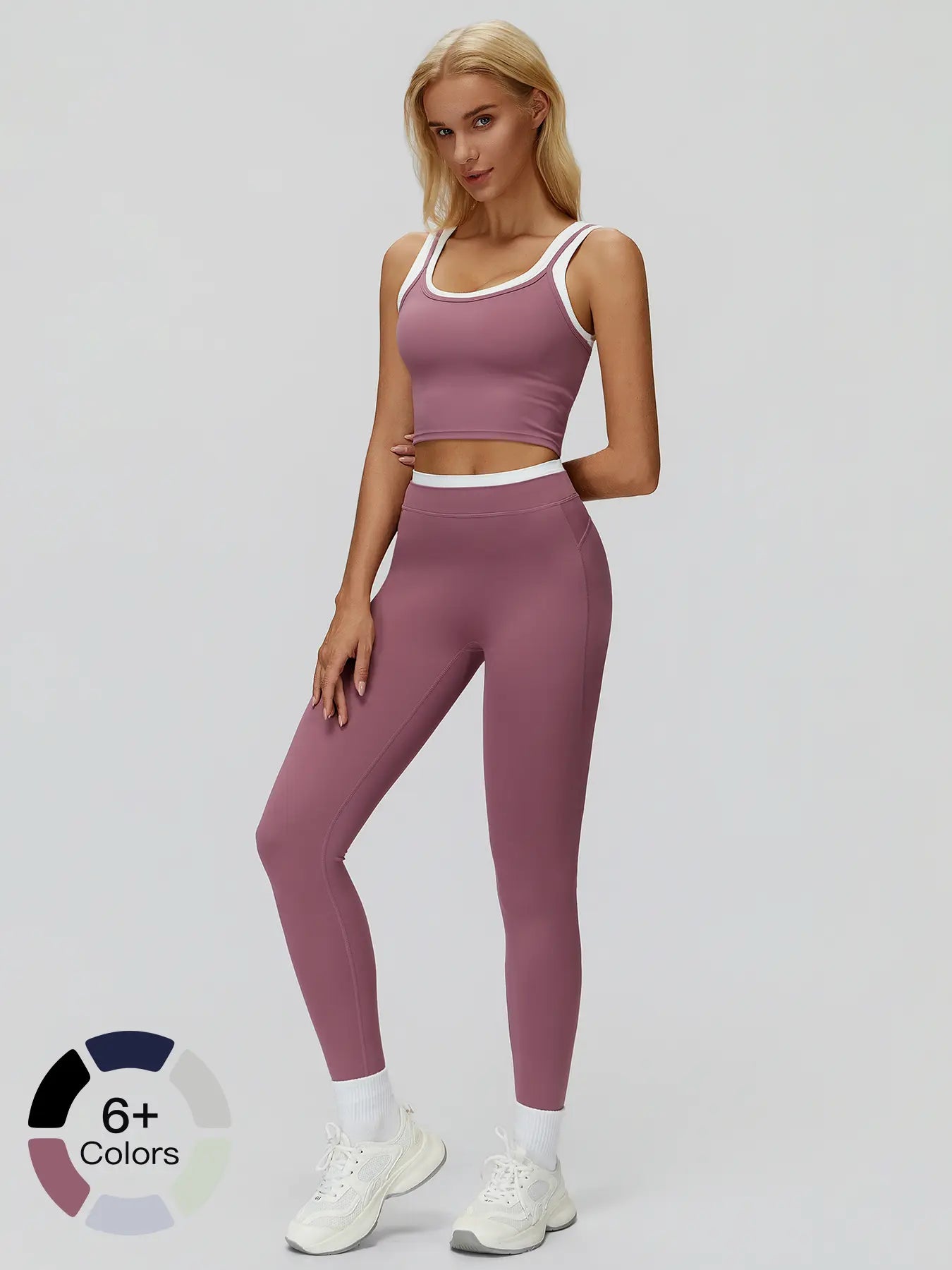 Women's 2-Piece Colorblock Yoga Set, High-Waisted Ribbed Casual Fitness Sportswear