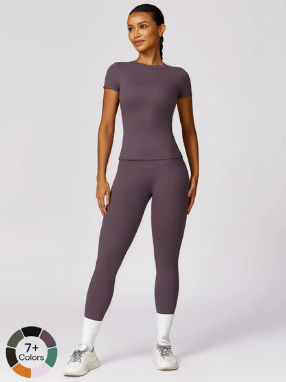 Women's Plain Round Neck Crop Tee & High Waist Leggings Tracksuit Set, Activewear Set - image 8