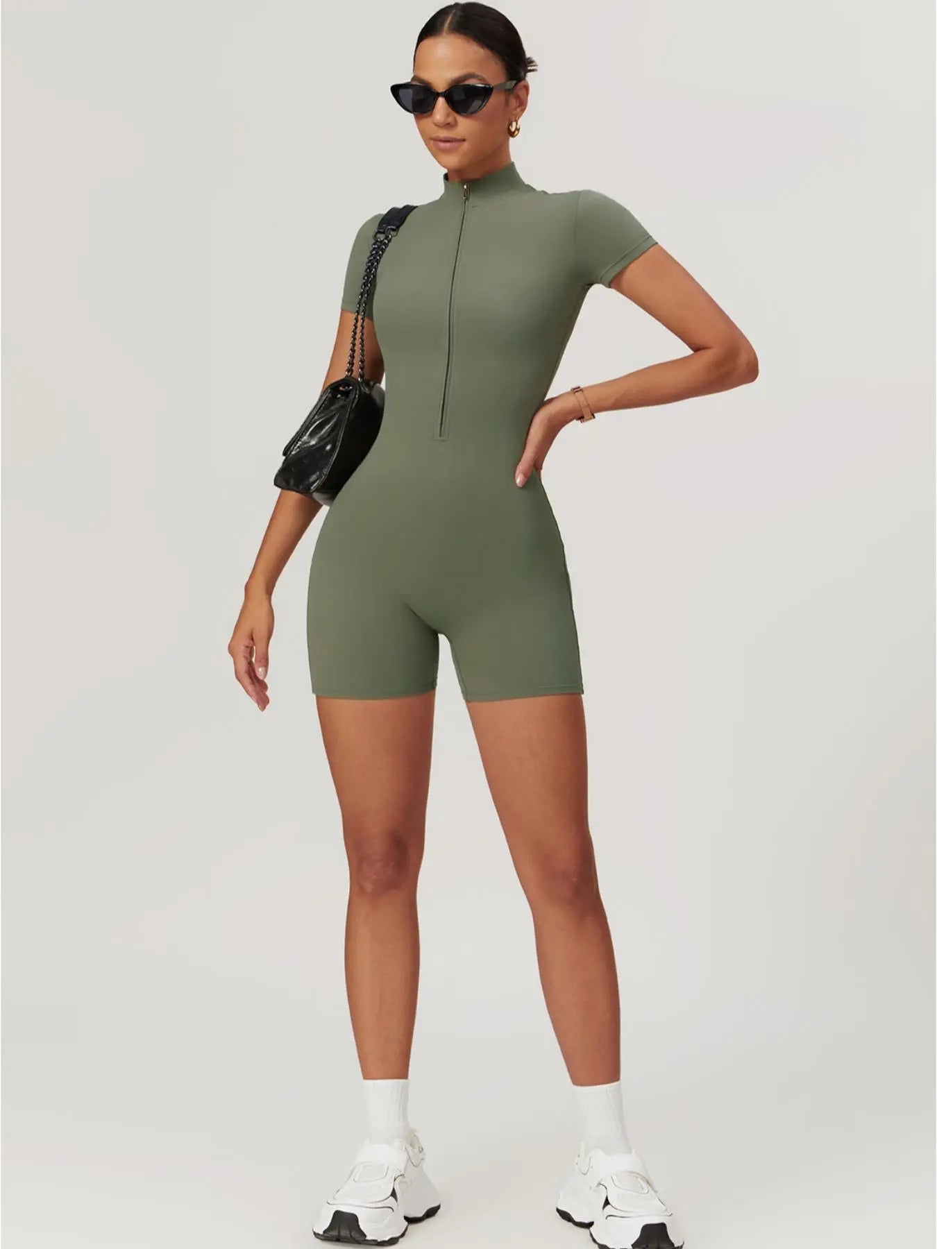 Sporty Women's Solid Color Zip Up Half Placket Mock Neck Sports Skinny Romper, Casual Quick Drying… - image 7