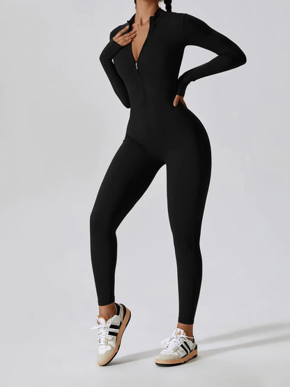 Women's Solid Zip Up Long Sleeve Sports Jumpsuit