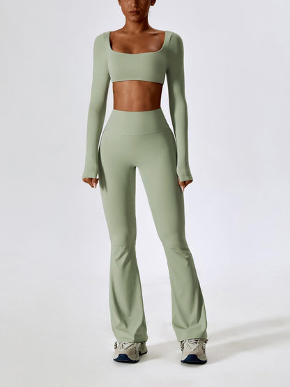 Women's Solid Square Neck Crop Top & High Waist Flare Leg Pants Tracksuit Set, Sporty Comfy… - image 22