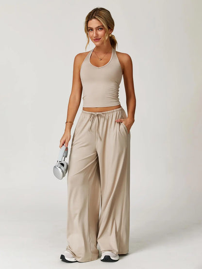 Women's Solid Halter Neck Top & Wide Leg Pants Sports Set, Casual Sleeveless Top & Pants for Daily…