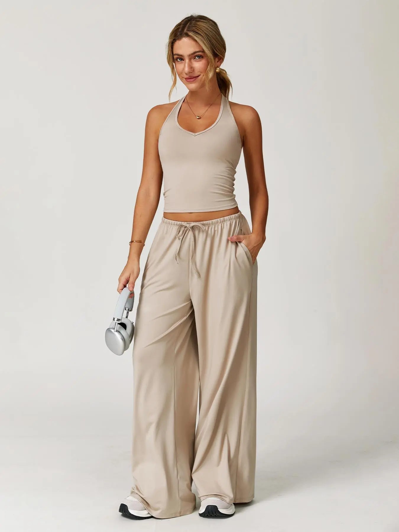 Women's Solid Halter Neck Top & Wide Leg Pants Sports Set, Casual Sleeveless Top & Pants for Daily… - image 5