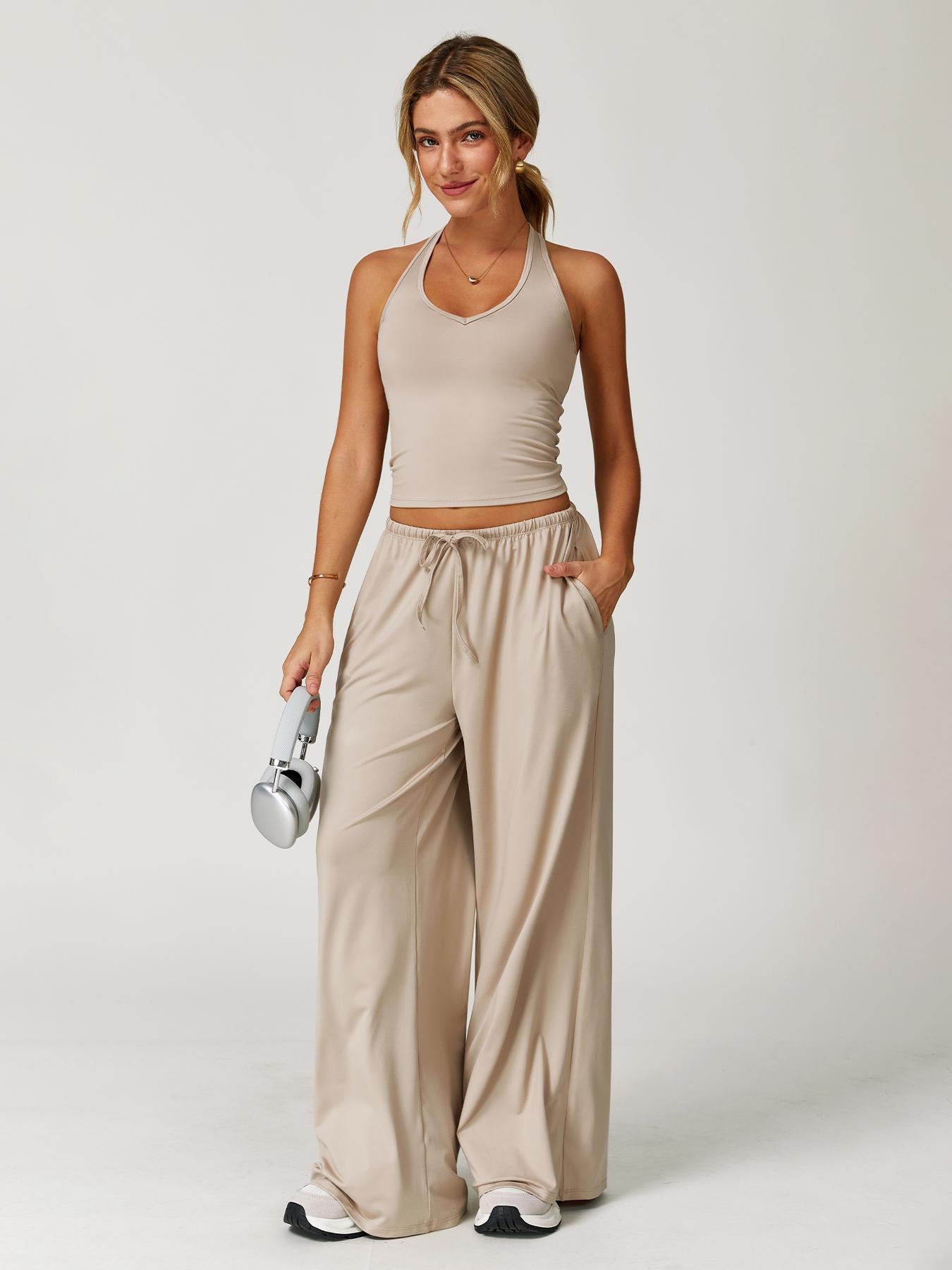 Women's Solid Halter Neck Top & Wide Leg Pants Sports Set, Casual Sleeveless Top & Pants for Daily… - image 22