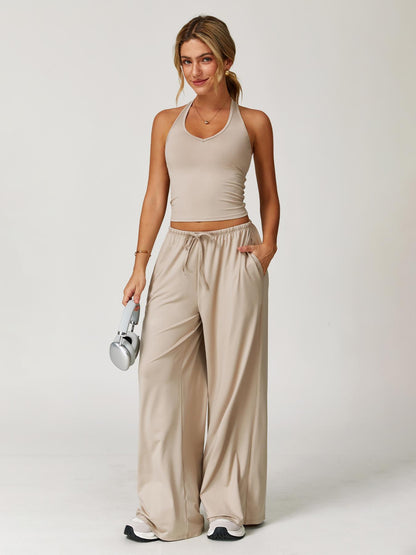 Women's Solid Halter Neck Top & Wide Leg Pants Sports Set, Casual Sleeveless Top & Pants for Daily… - image 22