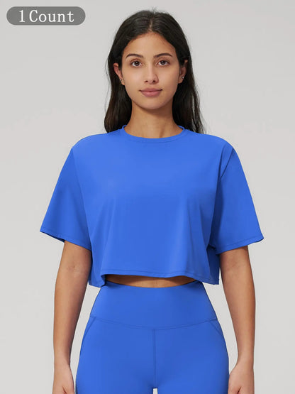 Women's Sporty Short Sleeve Yoga Top, Loose Fit Round Neck Crop Tee