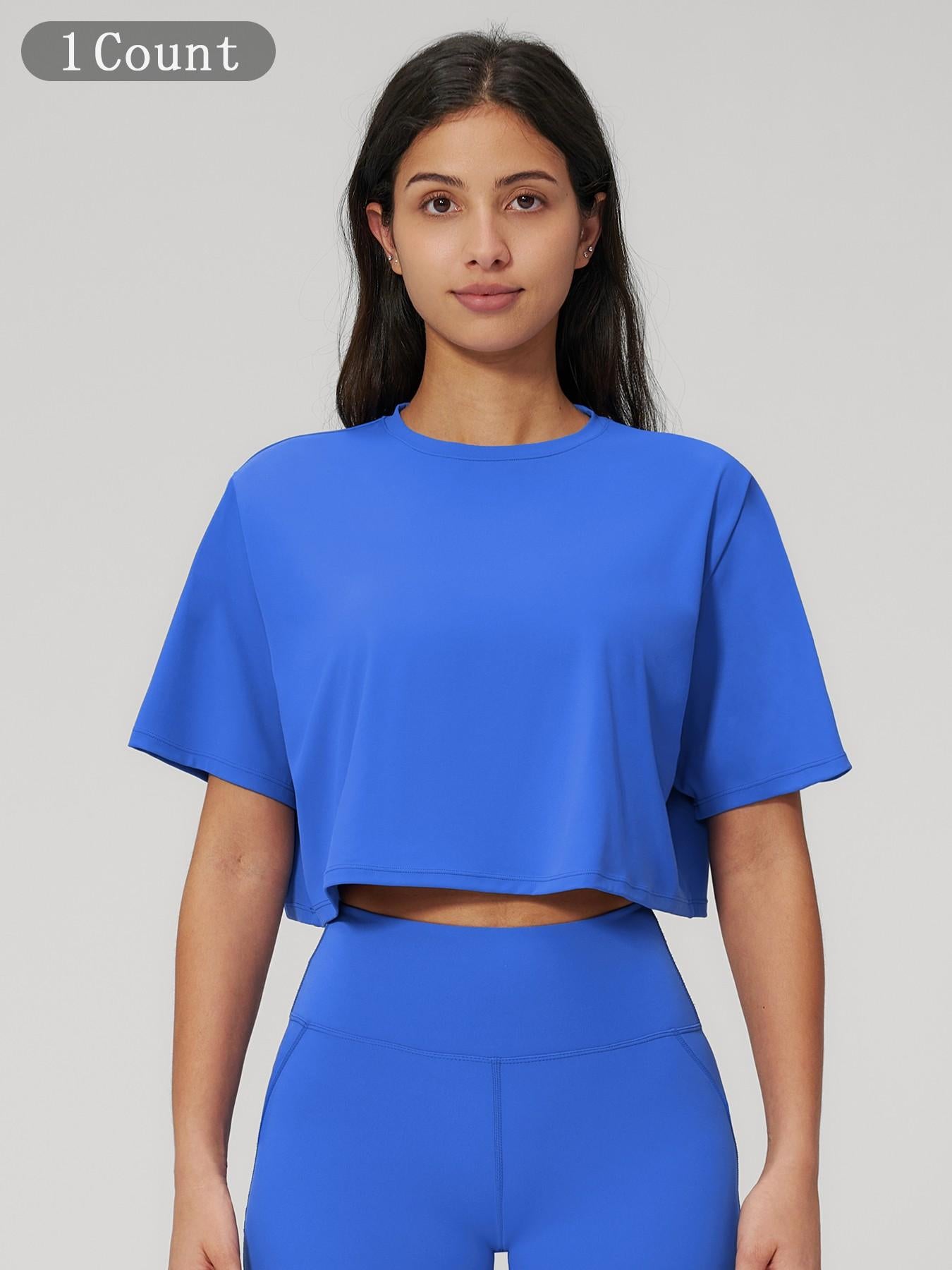 Women's Sporty Short Sleeve Yoga Top, Loose Fit Round Neck Crop Tee - image 21