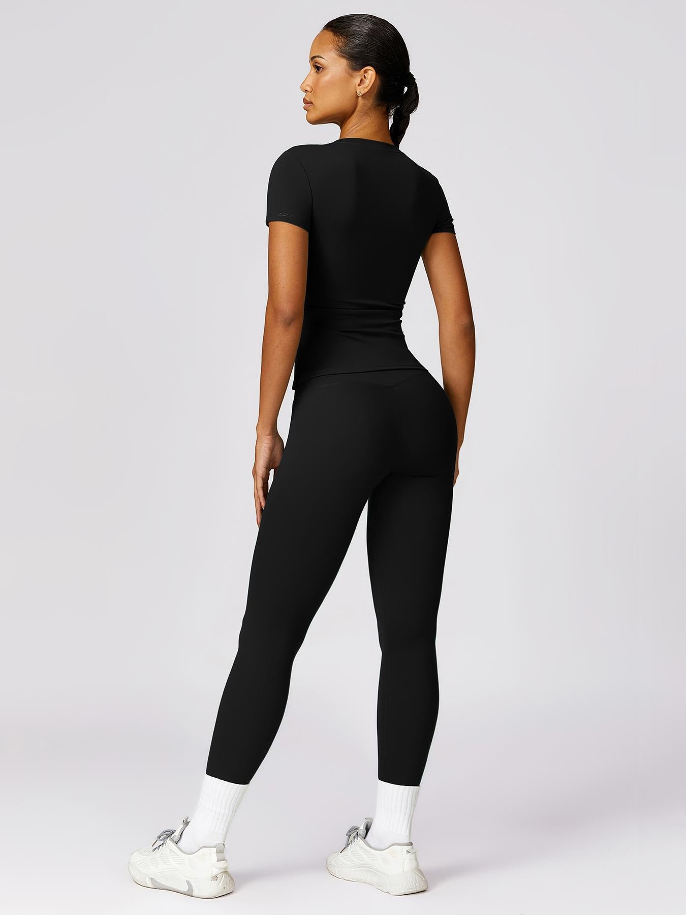 Women's Plain Round Neck Crop Tee & High Waist Leggings Tracksuit Set, Activewear Set - image 14