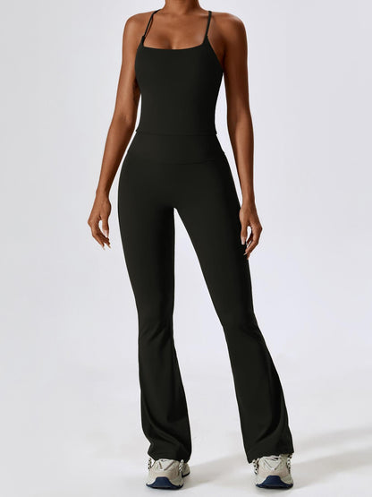 Two-Piece Set Women's Solid Criss Cross Backless Cami Top & Flare Leg Pants, Fitness Activewear - image 13