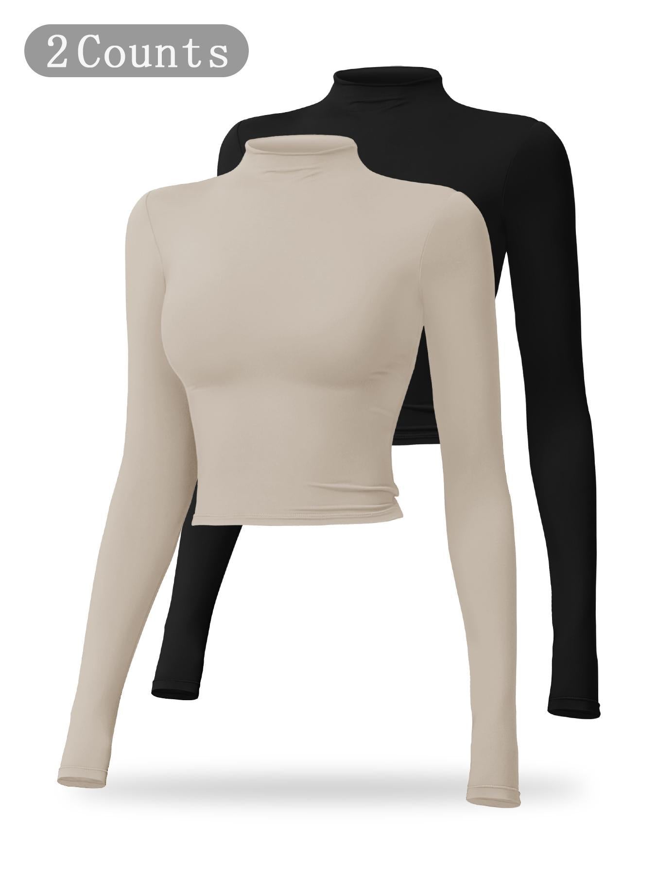 Women's Solid Mock Neck Sports Tee, Quick-Dry Breathable Long Sleeve T-Shirt for Yoga - image 27