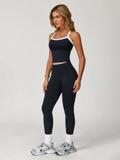 Women's Yoga Set, Colorblock Crisscross Backless Crop Top & High Waist Leggings - image 12