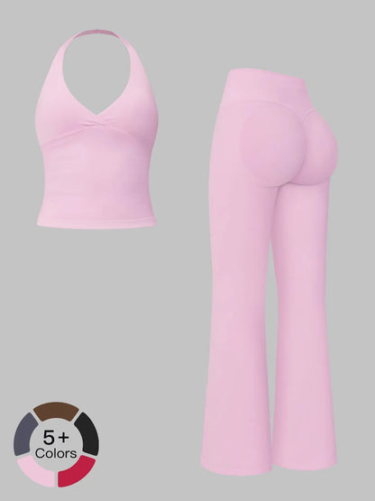 V-Neck Yoga Set for Women, Halter Neck Slim Fit Backless Vertical Ribbed Sports Fitness Yoga Wear - image 2