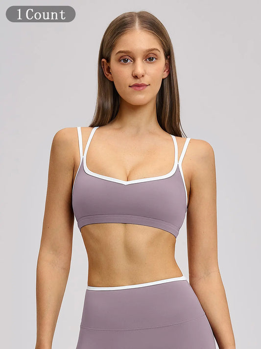 Colorblock Skin-Touch Sports Bra, Quick-Dry Tight-Fitting Cross-Back Sport Tank Top
