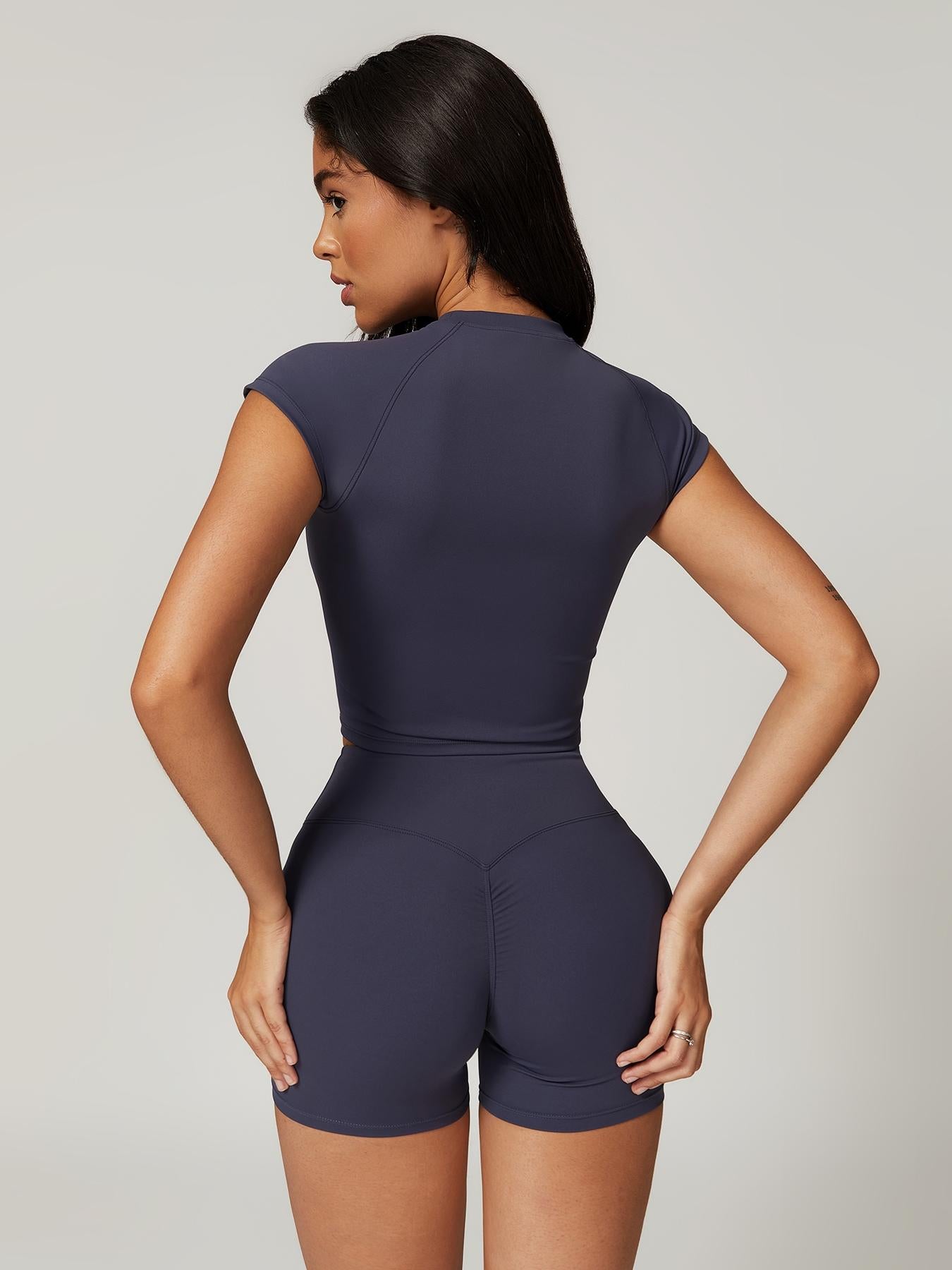 Two-Piece Set Women's Solid Raglan Sleeve Crop Top & High Waist Shorts Tracksuit Set, Sporty Plain… - image 15