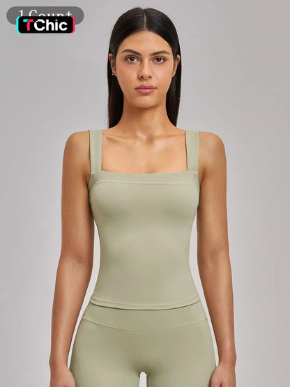High Elasticity Square Neck Yoga Tank Top with Chest Padding, Outdoor Fitness Sports Bra for Women