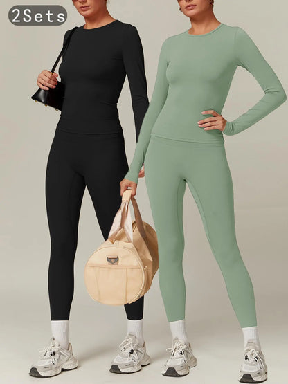 Women’s Quick Dry Long Sleeve & High Waist Leggings Sets for Fitness