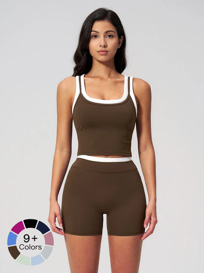 Women's Two-Piece Versatile Colorblock Yoga Set, High-Waisted Ribbed Casual Sportswear for Gym
