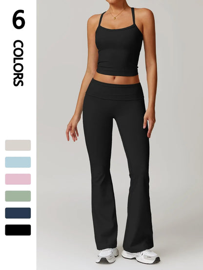 Sporty Two-Piece Set Women's Plain Crop Cami Top & Flare Leg Pants Sports Set, Activewear Fitness… - image 5