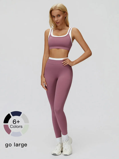 Women's Two-Piece Colorblock Yoga Set, High-Waisted Ribbed Casual Fitness Sportswear - image 5