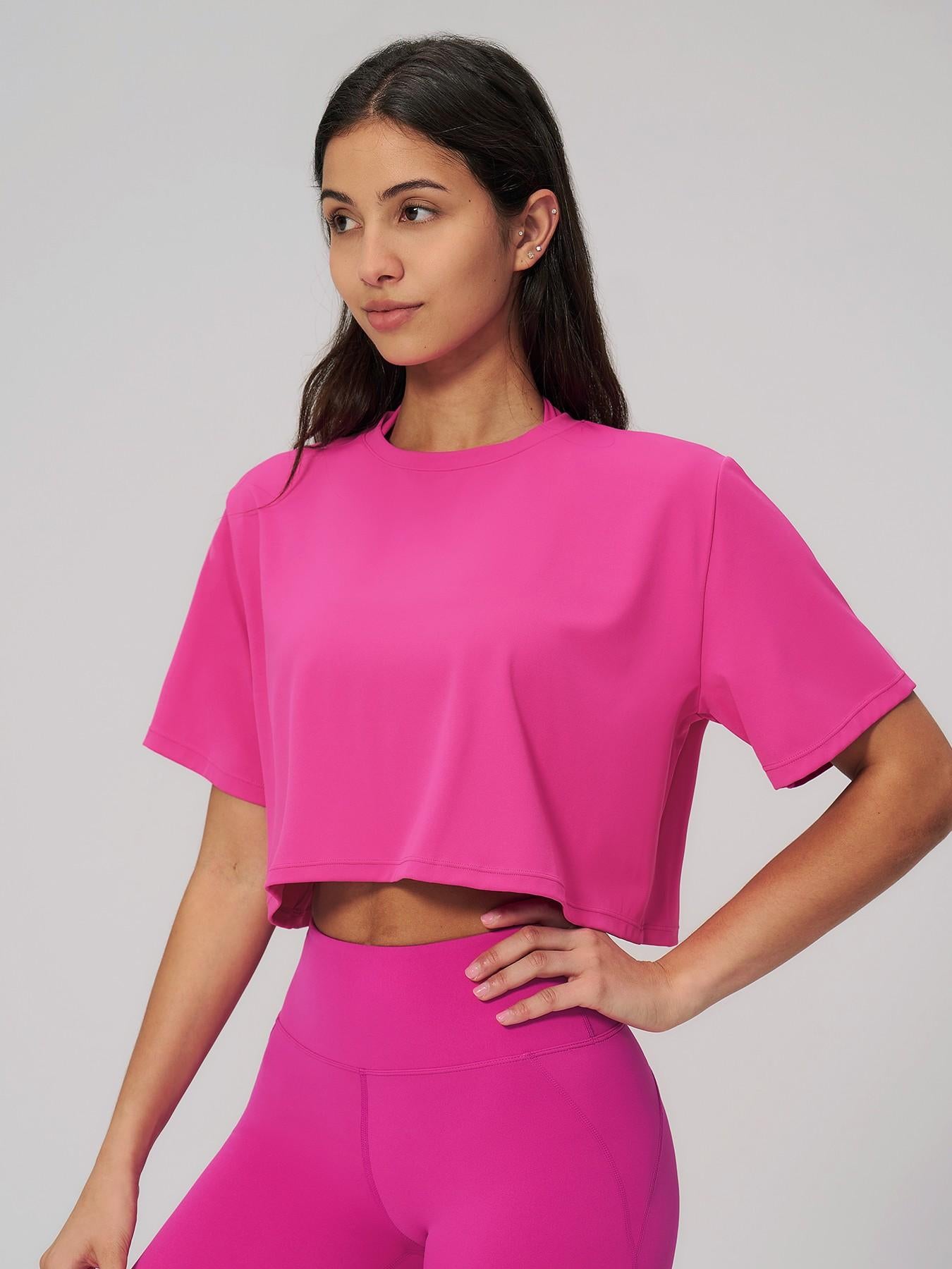Women's Sporty Short Sleeve Yoga Top, Loose Fit Round Neck Crop Tee - image 16