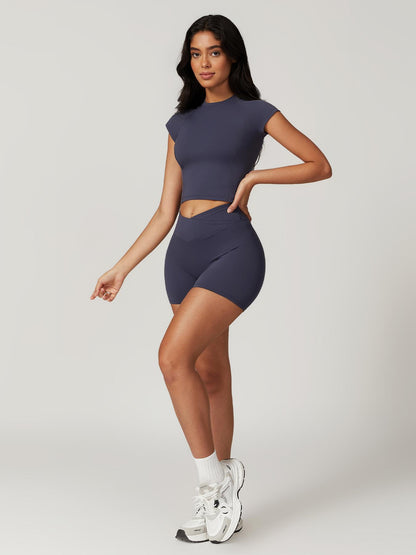 Two-Piece Set Women's Solid Raglan Sleeve Crop Top & High Waist Shorts Tracksuit Set, Sporty Plain… - image 14