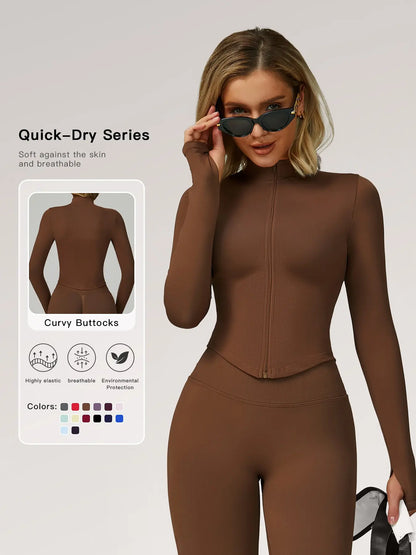 Women's Stand Collar Zipper Long Sleeve Yoga Jacket, Tight Fit Quick-Dry Yoga Wear