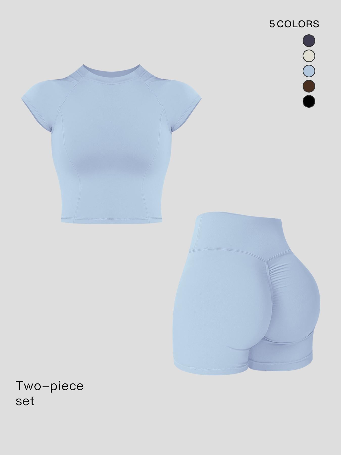 Two-Piece Set Women's Solid Raglan Sleeve Crop Top & High Waist Shorts Tracksuit Set, Sporty Plain… - image 19