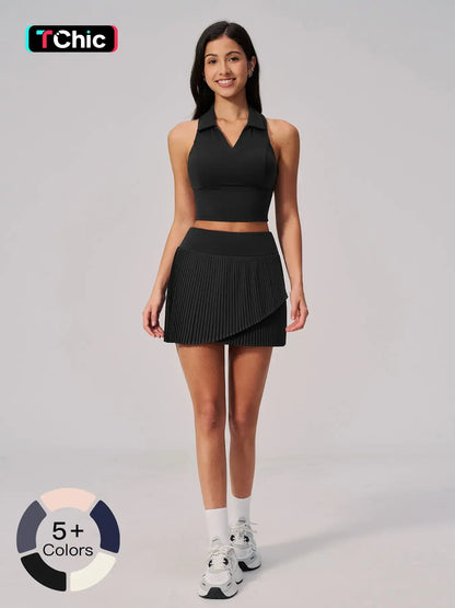 Summer Pilates Yoga Set for Women, Fixed Cup Collar Side Pocket Tennis Dress