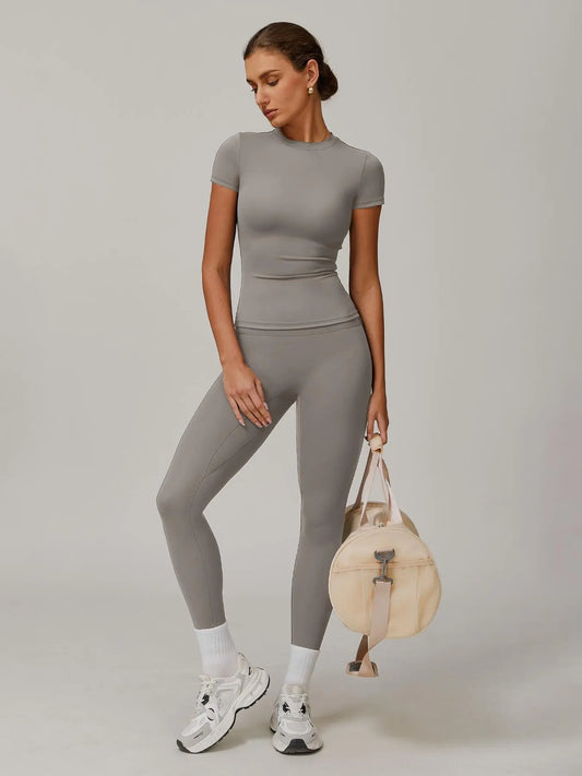 Women's Solid Color Top & High Waist Leggings Sports Set, Casual Comfy Breathable Two-piece Sports… - image 2