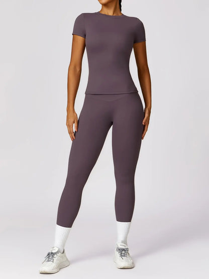 Women's Plain Round Neck Crop Tee & High Waist Leggings Tracksuit Set, Athleisure Workout Set - image 7