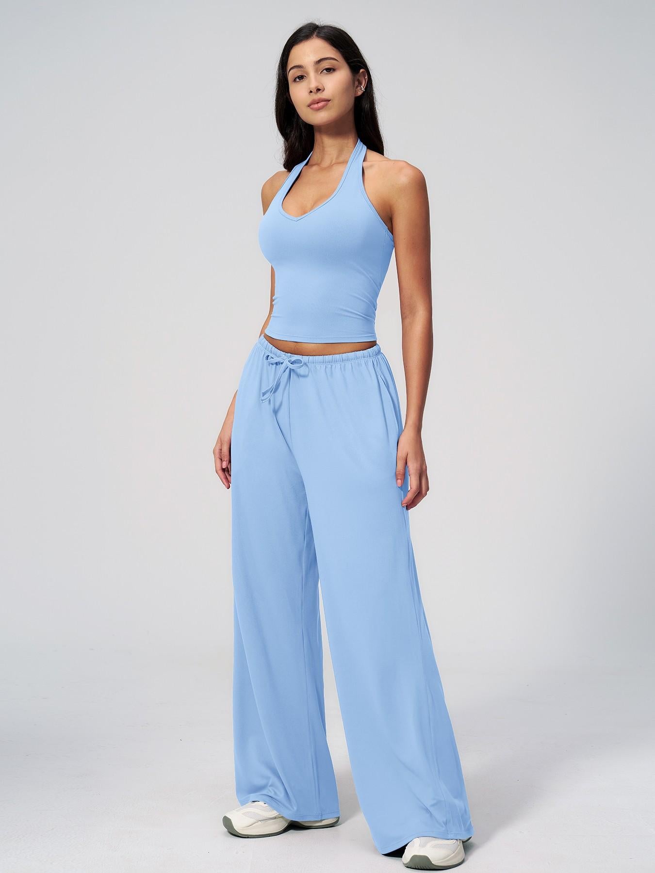 Women's Solid Halter Neck Top & Wide Leg Pants Sports Set, Casual Sleeveless Top & Pants for Daily… - image 16