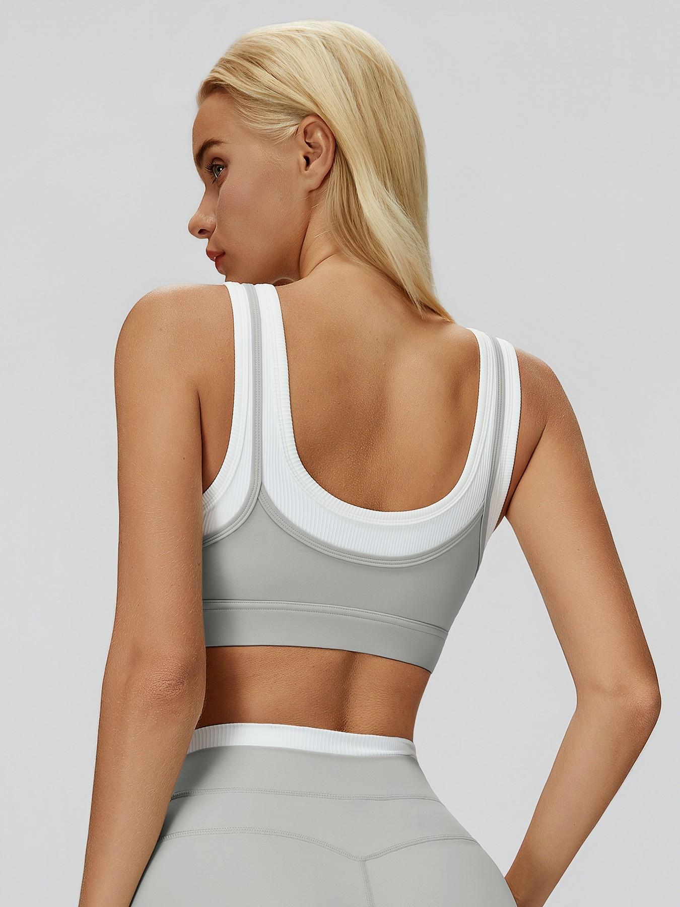Cross-Border Nude Feel Fake Two-Piece Sports Bra, Ribbed Colorblock Yoga Bra - image 12