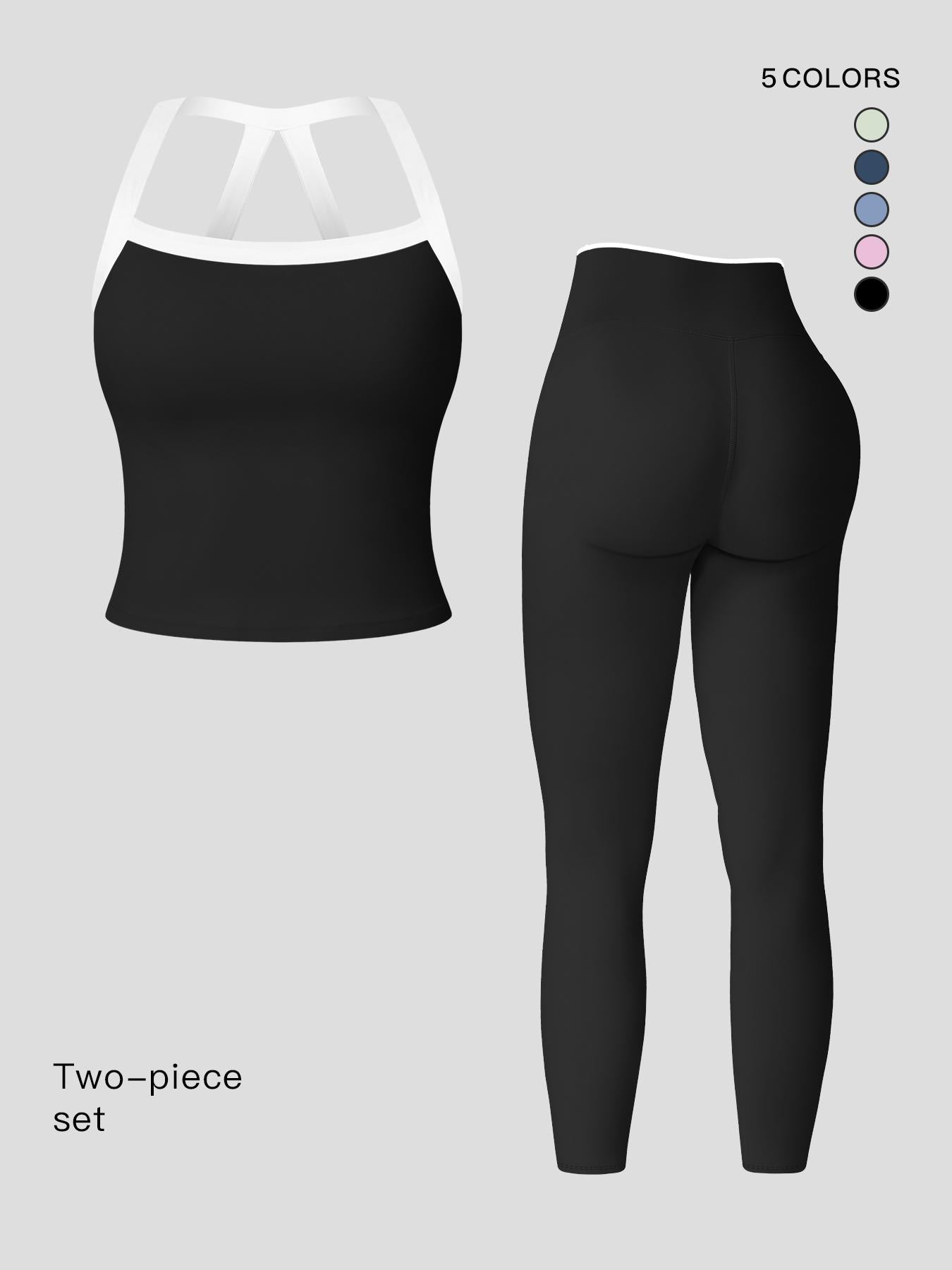 Women's Yoga Set, Colorblock Crisscross Backless Crop Top & High Waist Leggings - image 11