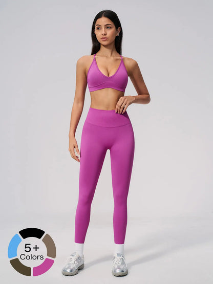 Seamless Knitted Sport Set, Cross Back Waist Trainer High-Waist Fitness Running Yoga for Women - image 2