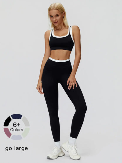 Women's Two-Piece Colorblock Yoga Set, High-Waisted Ribbed Casual Fitness Sportswear