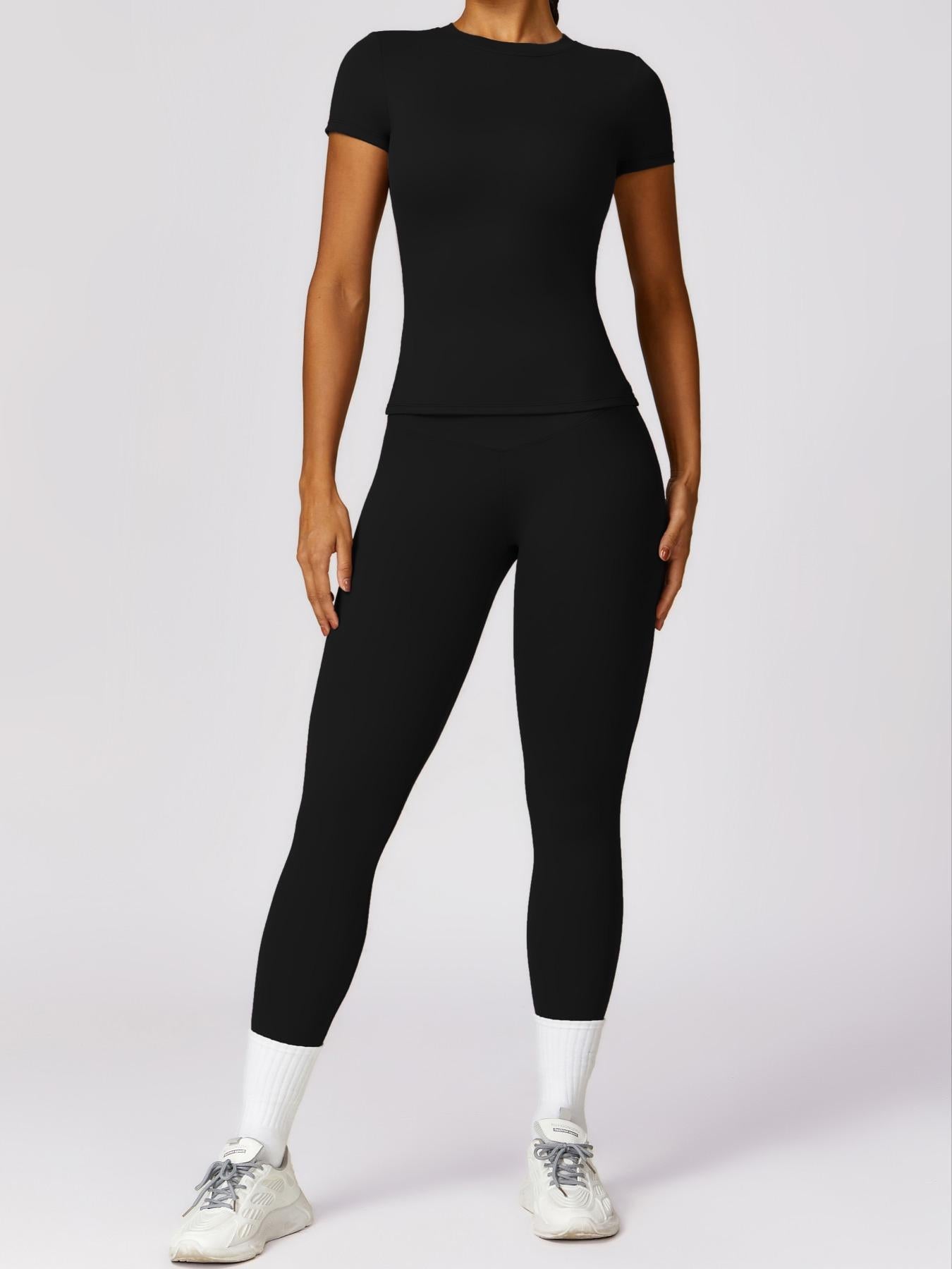 Women's Plain Round Neck Crop Tee & High Waist Leggings Tracksuit Set, Athleisure Workout Set - image 18