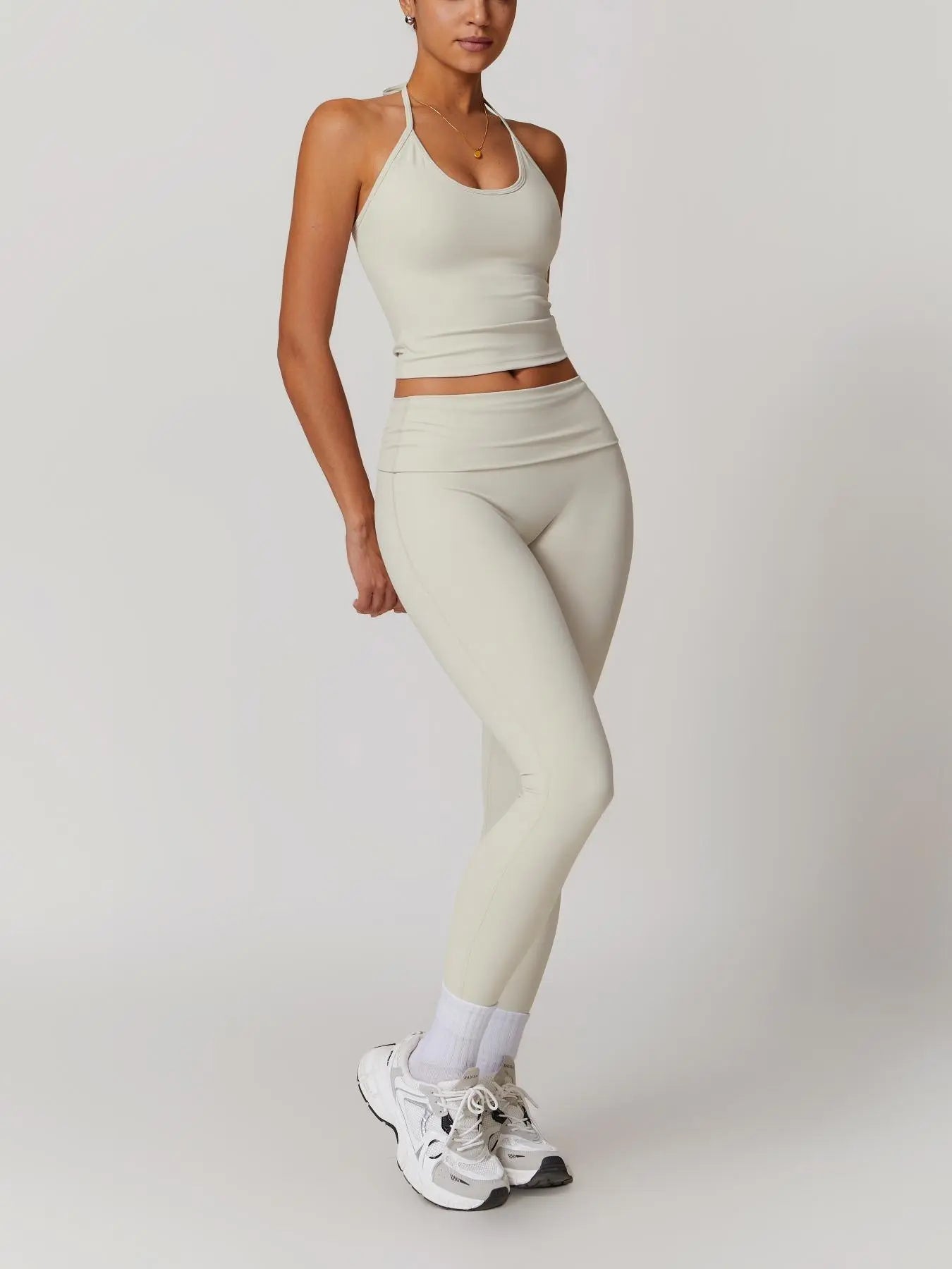 Two-Piece Set Women's Solid Backless Halter Crop Top & Fold Over Waist Leggings Tracksuit Set, Casual… - image 4