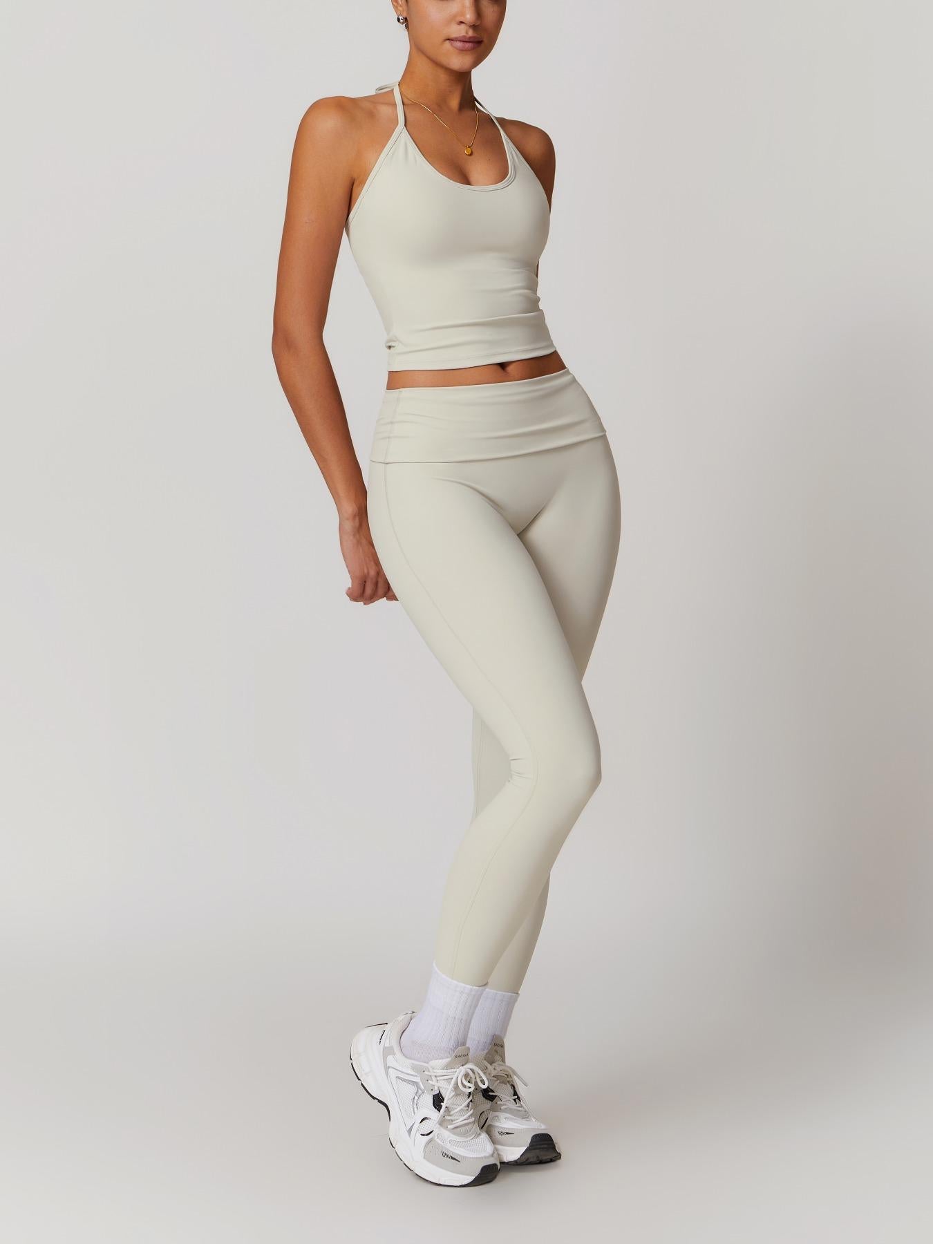 Two-Piece Set Women's Solid Backless Halter Crop Top & Fold Over Waist Leggings Tracksuit Set, Casual… - image 12