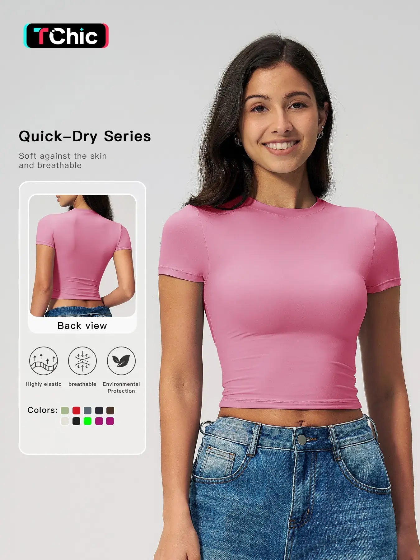 Women's Plain Round Neck Crop Sports Tee, Sporty Casual Tight-fitting Short Sleeve T-shirt for Yoga…